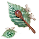 Green ceramic leaf shaped spoon rest for stove top Bird