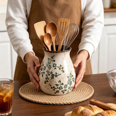 Green ceramic utensil holder with vintage brown trim