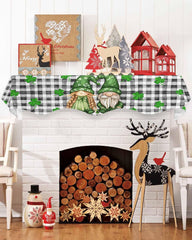 Green gnomes pattern Hokiten mantel scarf displayed as Christmas decor