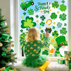 Green shamrock window decals shown on a door