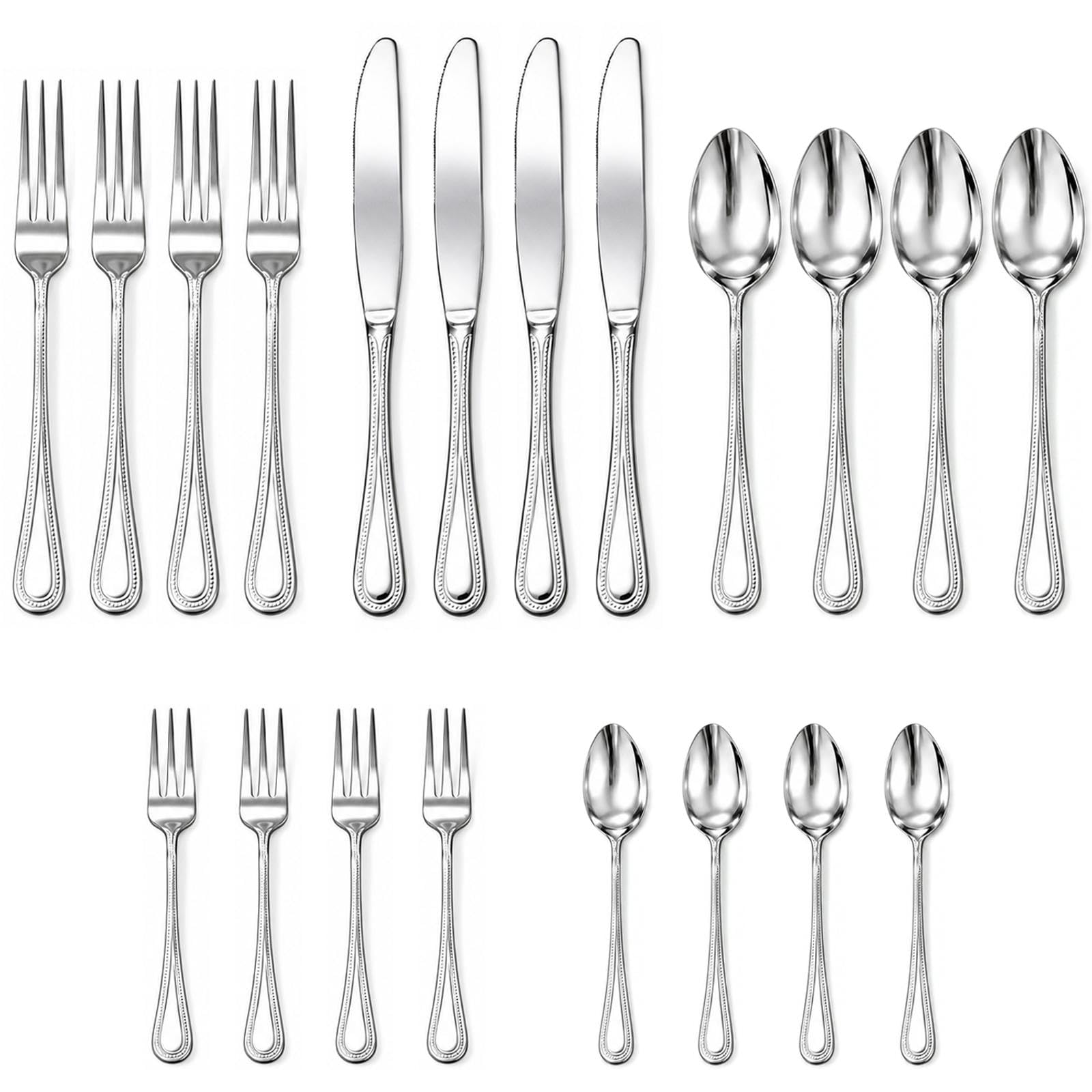 Greenloom 20 Piece Silverware Set stainless steel for 4 showing knives forks spoons