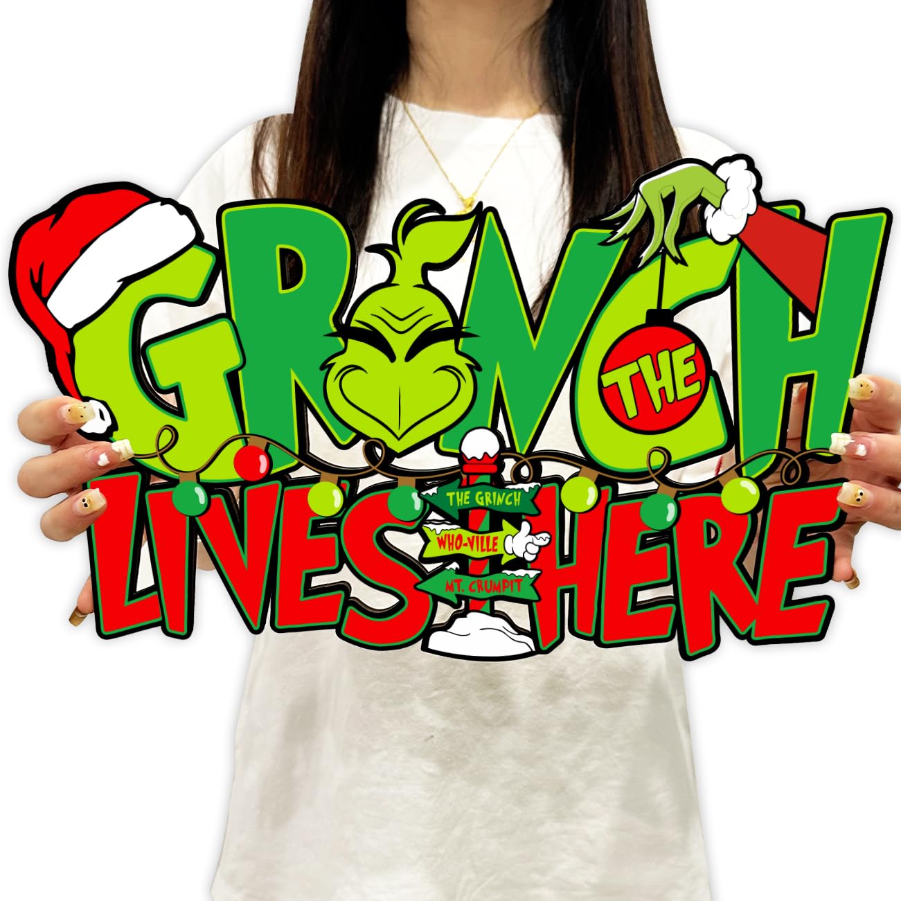 GrinchLivesHere wooden door sign for Christmas porch decor