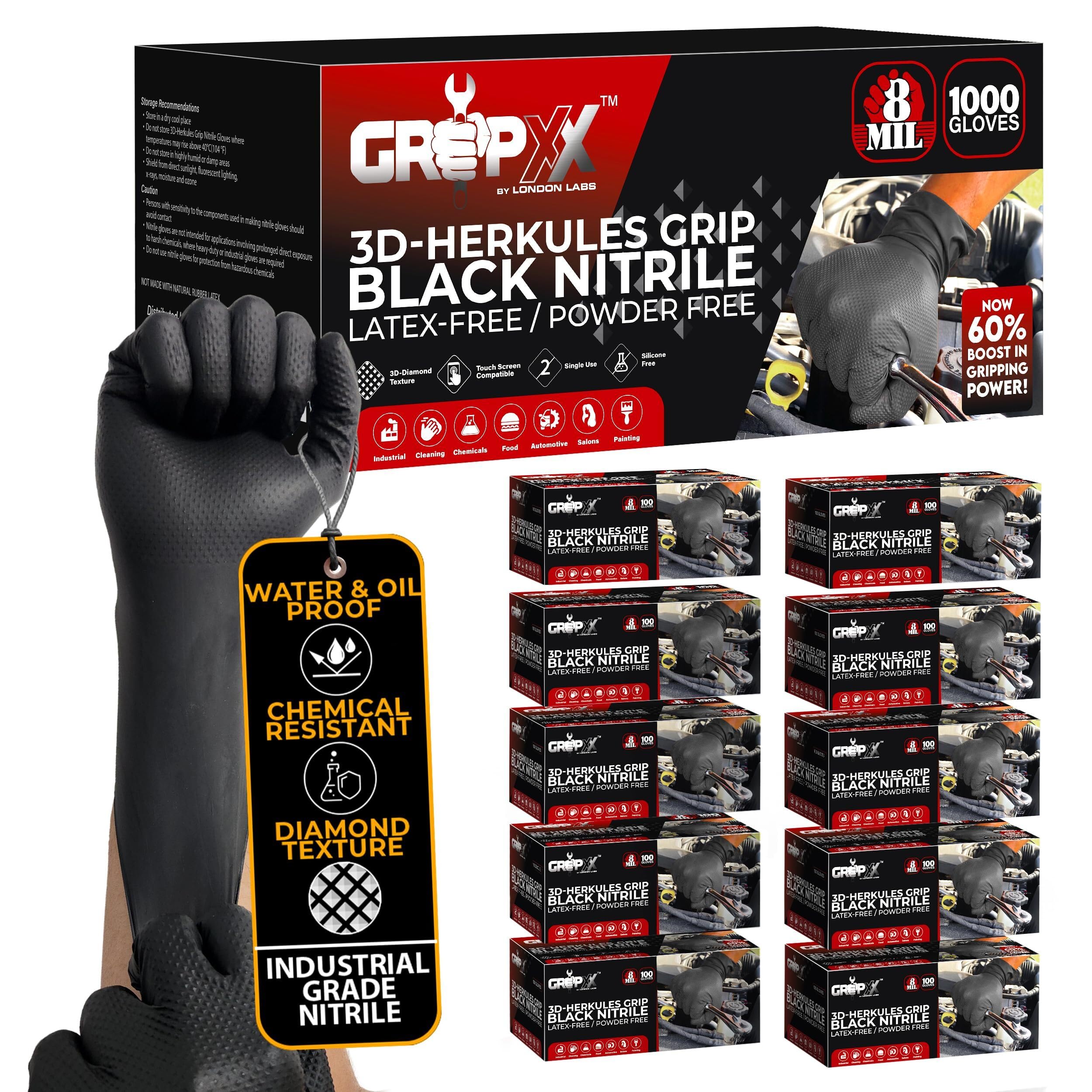 GRIPXX Herkules Grip Heavy Duty 8Mil Black Nitrile Gloves X-Large 1000 count
