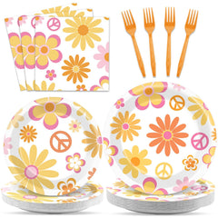 Groovy Party Supplies retro daisy plates napkins set for 24 guests