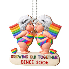 Growing Old Together Elderly Couple car hanging ornament in rainbow colors