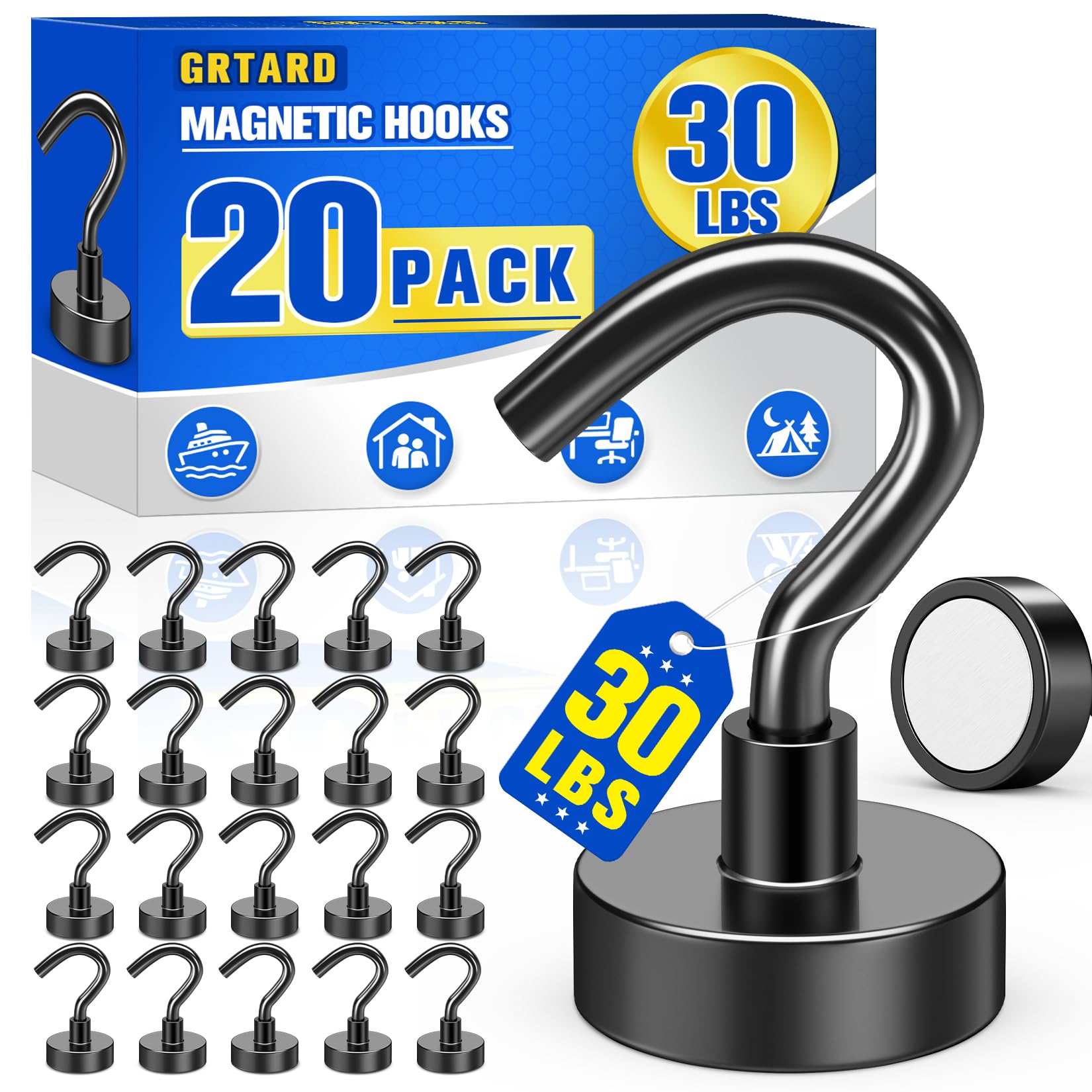 Grtard 20 pack black magnetic hooks on metal surface