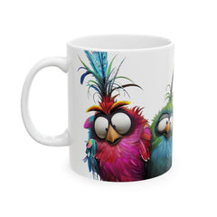 Close up of four colorful birds on a ceramic mug