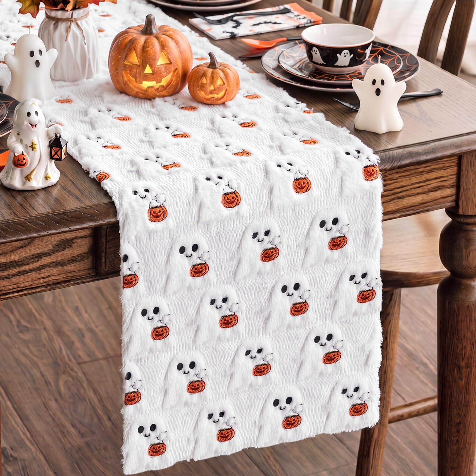 Hahafelt Halloween Ghost Pumpkin Table Runner on white fabric