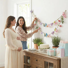 Hahafelt butterfly accents on spring wildflower garland banner for fairy decor