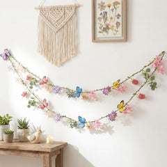 Hahafelt 2 Pcs 6.56 ft Spring Wildflower Garland Banner with butterflies and green leaves