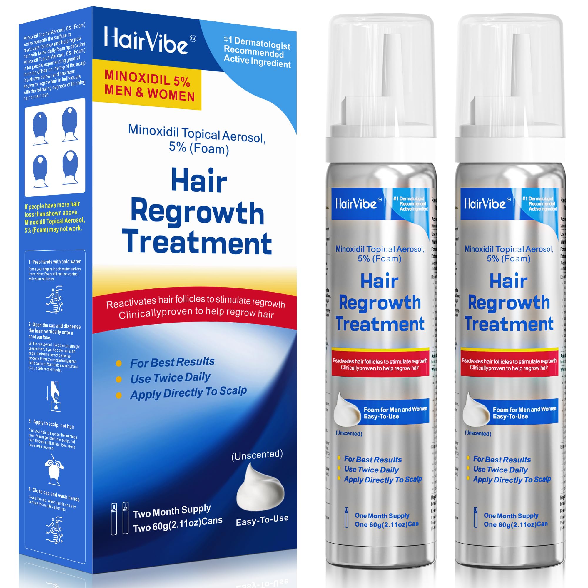 HairVibe 5% Minoxidil Foam bottle 2-Pack front view