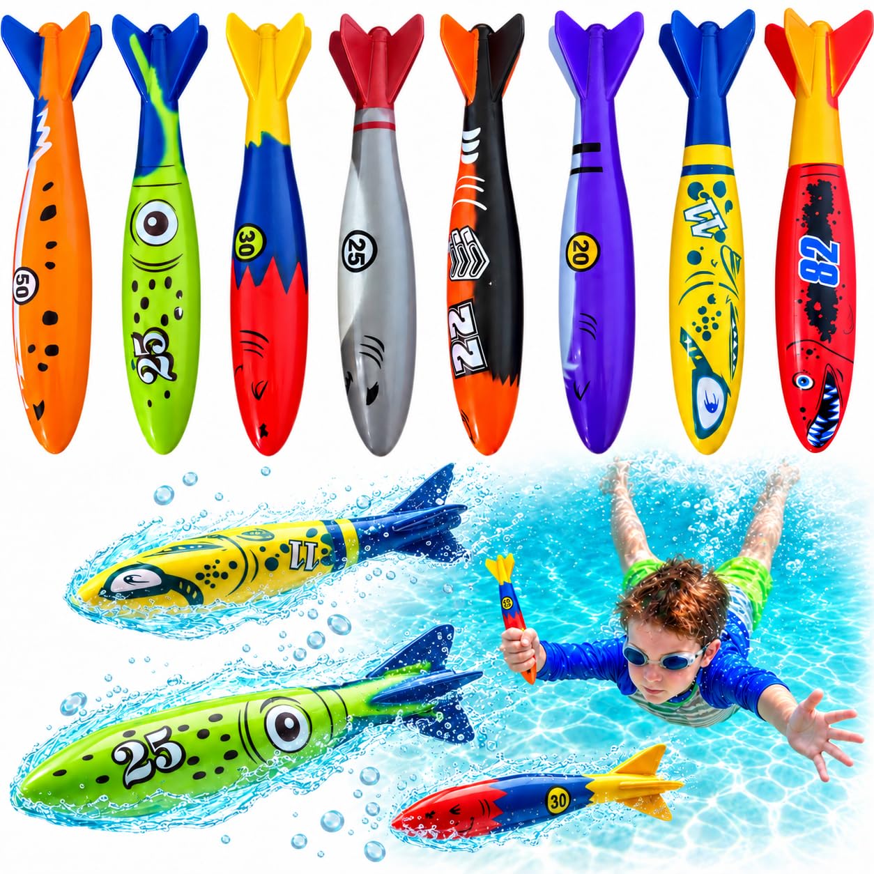 Haktoys pool diving toy set 8 torpedoes arrangement