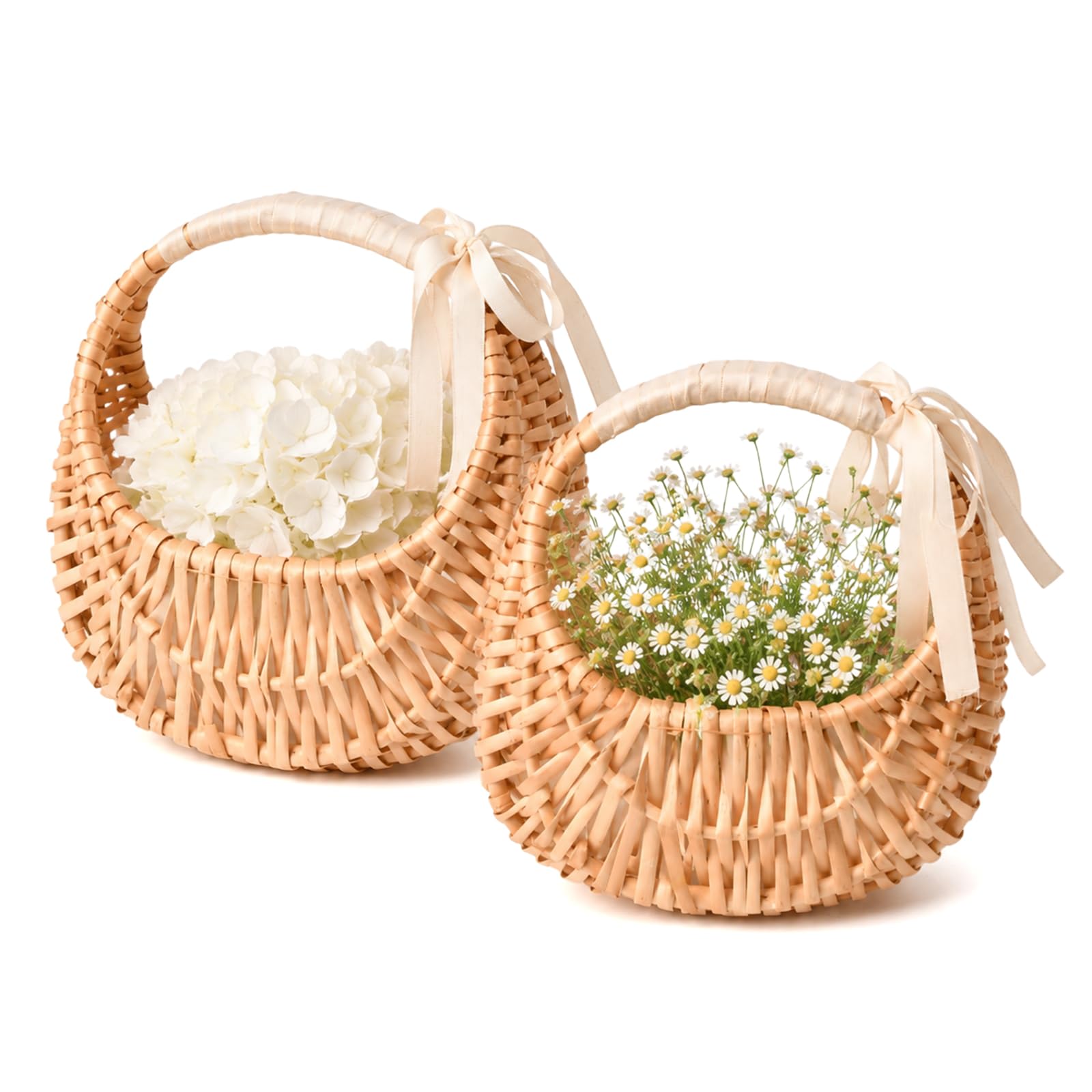 Half Moon Wicker Basket with handle and white ribbon