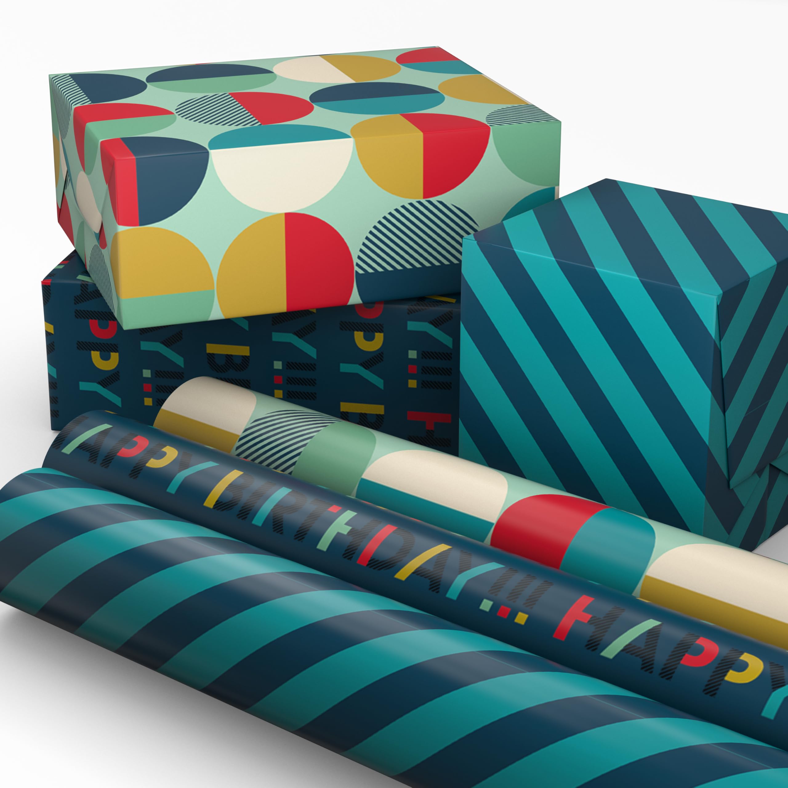Hallmark birthday wrapping paper mini rolls navy teal design close view