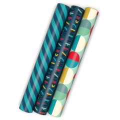 Three mini rolls showing teal navy birthday patterns Hallmark
