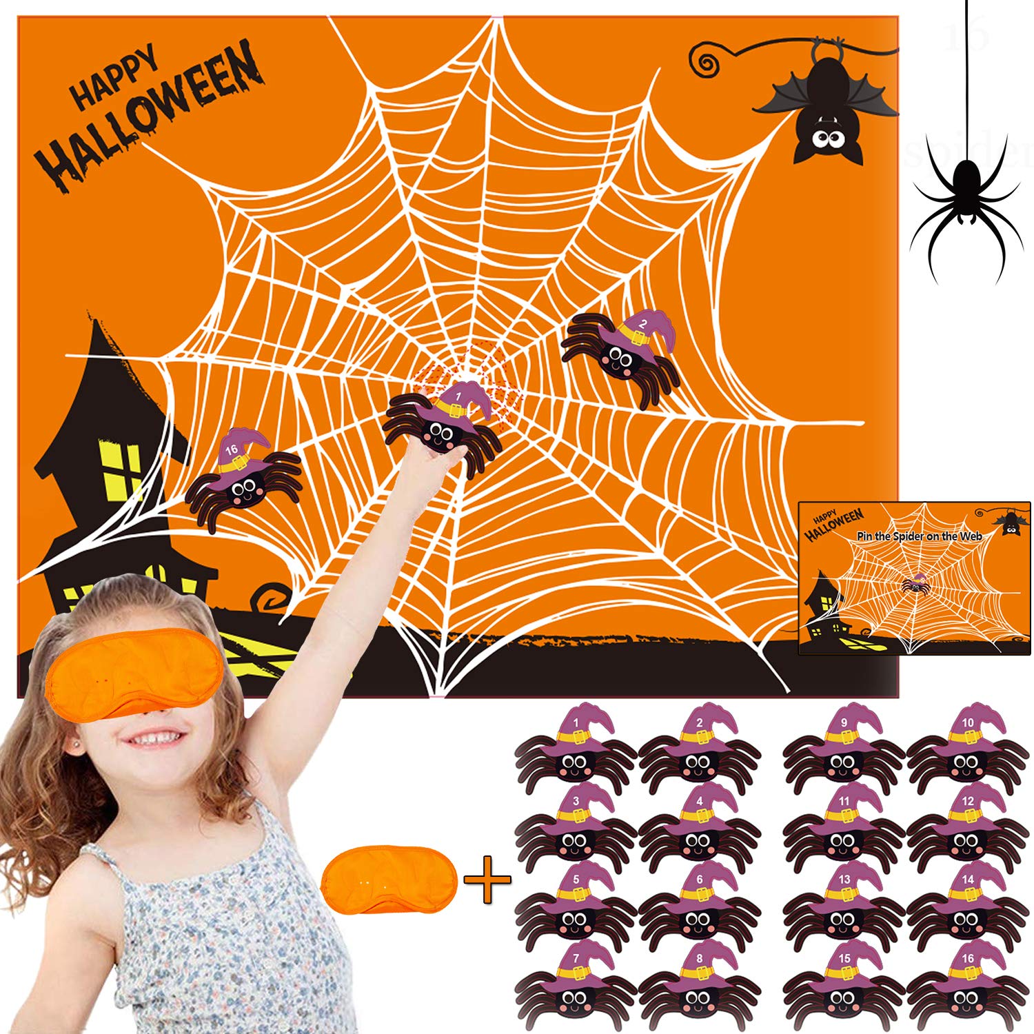 Halloween games for kids pin the spider on the web poster with 16 reusable spiders