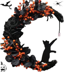Moon cat wreath for front door with optional lights