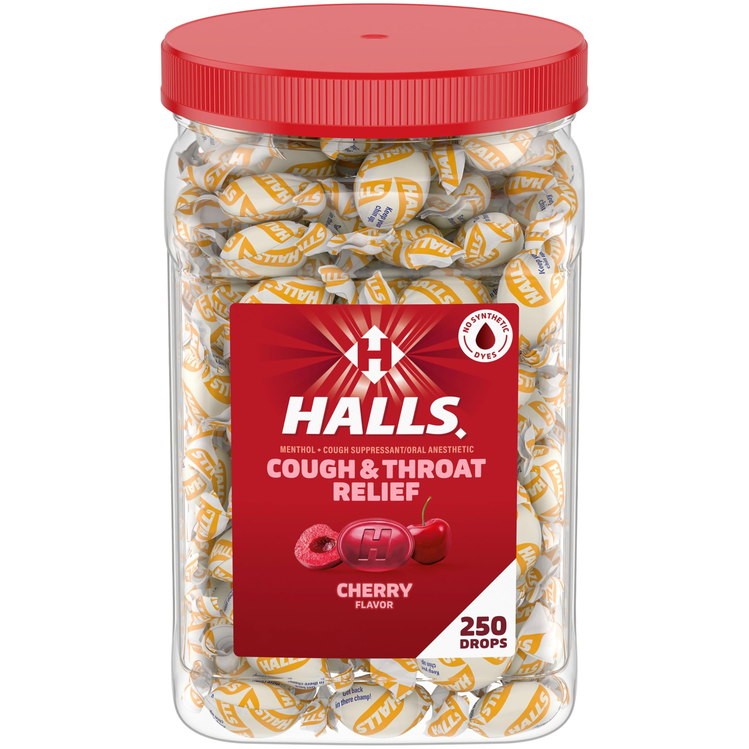 bulk pack jar of HALLS cherry cough drops 250ct