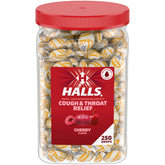 bulk pack jar of HALLS cherry cough drops 250ct