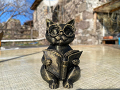 Cat reading a book figurine displayed on desk for book lovers