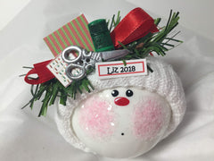 hand painted snowball ornament with ribbon for hanging