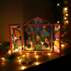 hand-painted plywood nativity scene with holy family and animals
