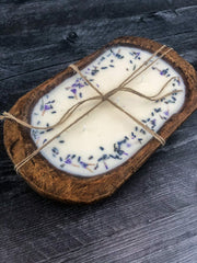 Hand poured soy wax candle in carved wooden bowl