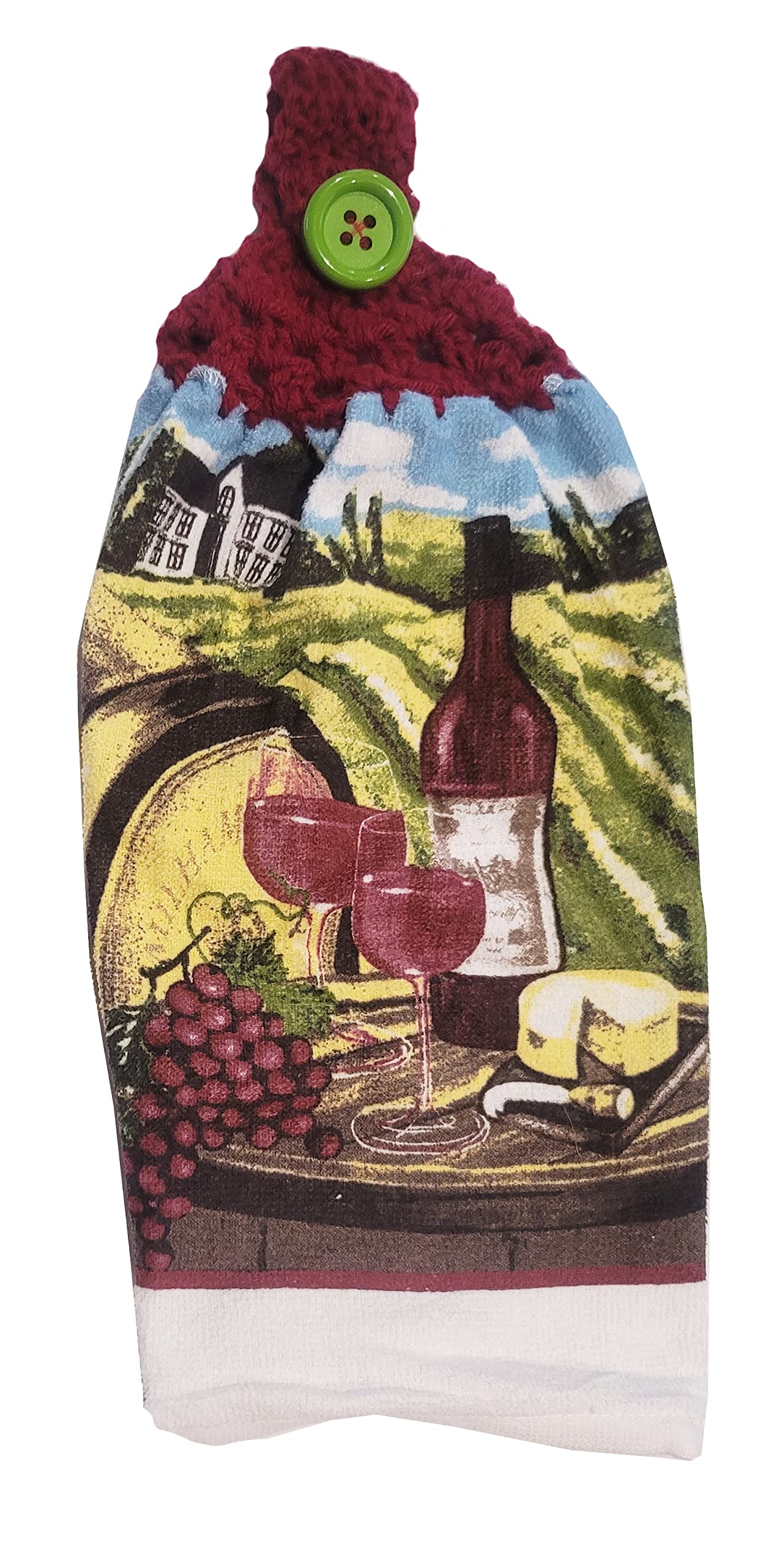 Handcrafted Burgundy crochet top wine and cheese kitchen towel with hanging option