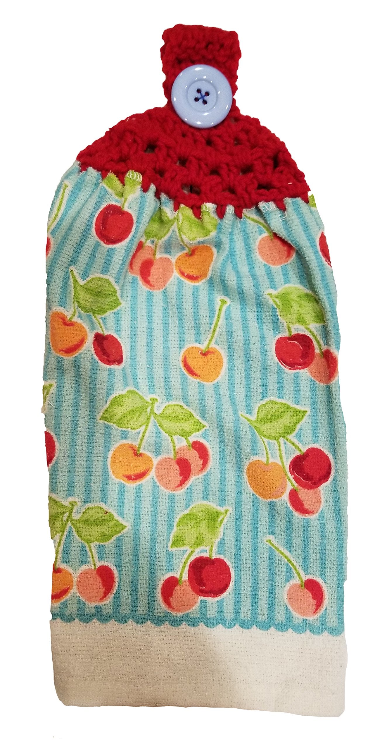 Handcrafted Cherry Red Crochet Top Kitchen Towel with giant hanging button
