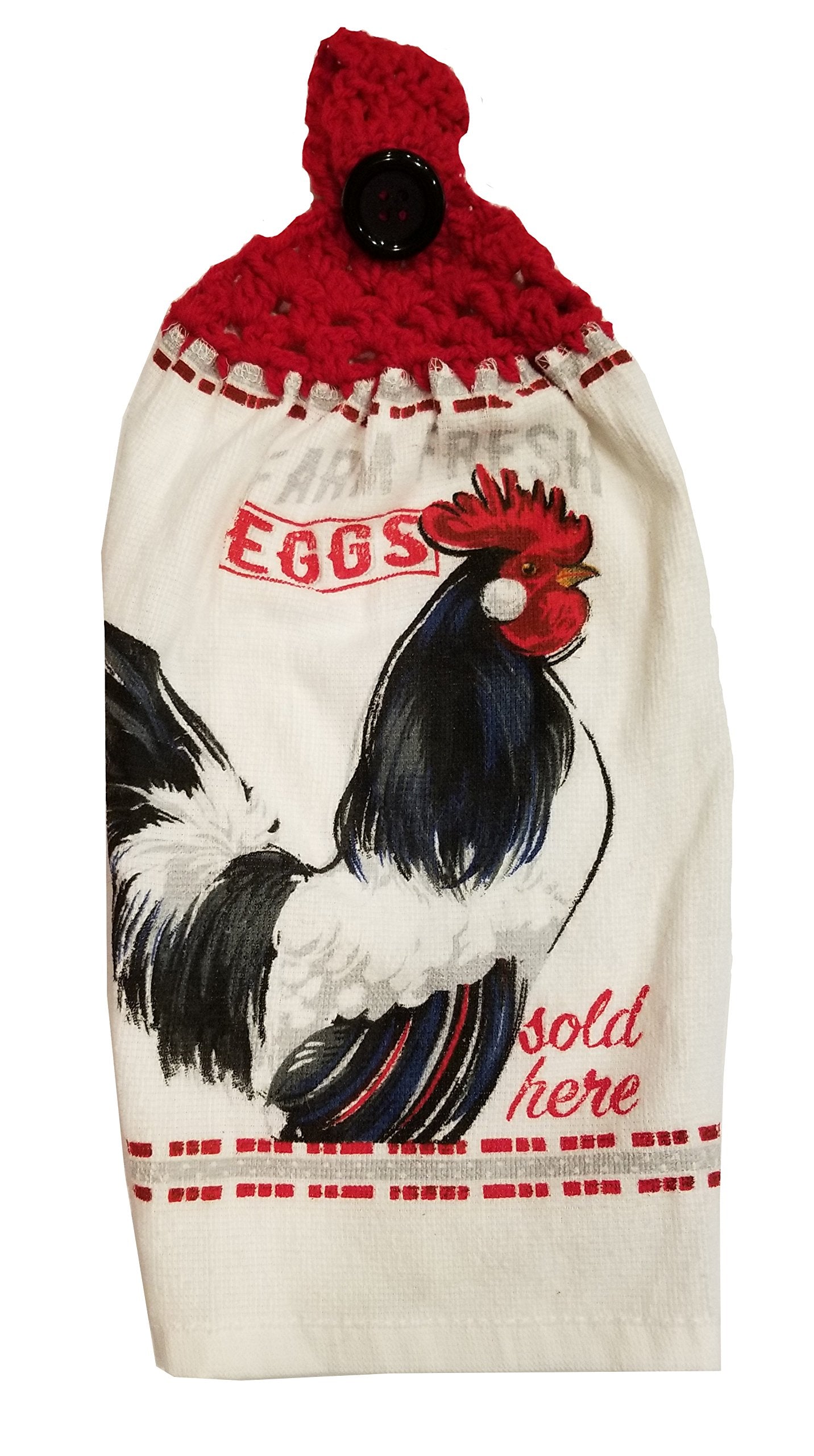 Handcrafted cherry red kitchen towel with crochet top rooster eggs motif