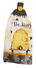 Handcrafted Grey Crochet Topped Bee Happy Kitchen Towel with crochet top
