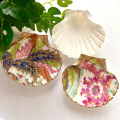 Shell trinket dish used as jewelry holder beside a lamp or dresser