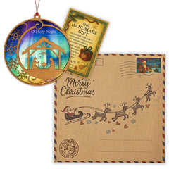 Gift-ready packaging kraft envelope and story card with Christmas Nativity ornament 2025