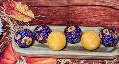 Handcrafted in USA sunflowers blue fabric wrapped balls set for table centerpiece