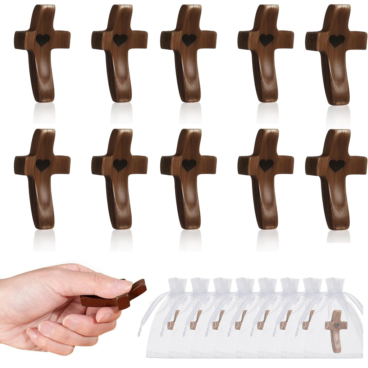 Handmade 10Pcs wooden cross with heart detail