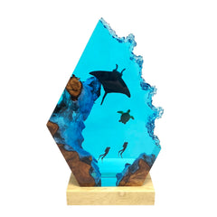 Handmade 3D Ocean Resin Lamp with wooden base