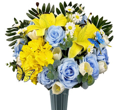 Handmade Cemetery Flower Bouquet close up with blue and yellow blooms