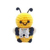 Handmade crochet bee plush with inspirational card