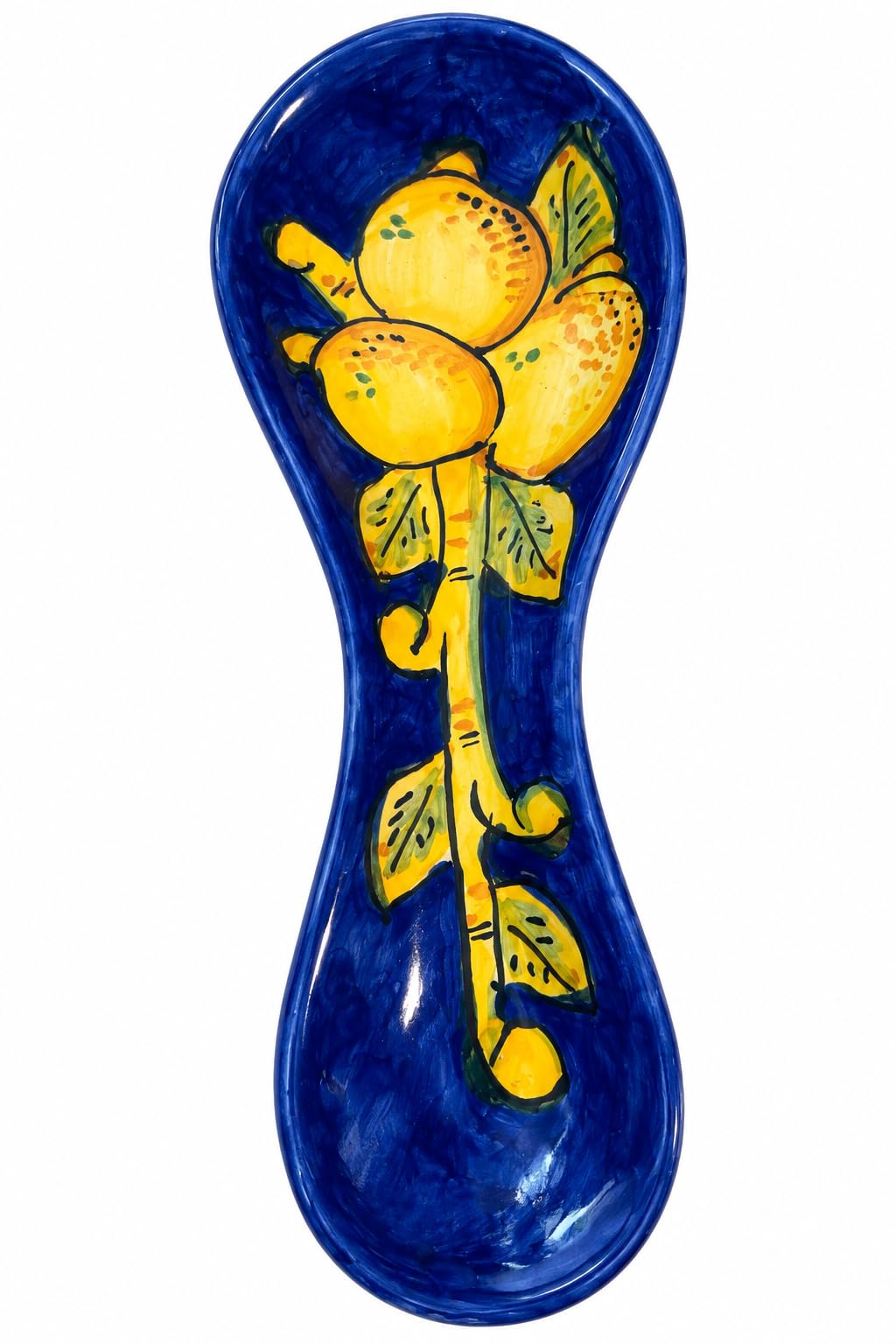 Handmade Italian ceramic spoon rest with blue and yellow lemon design