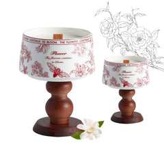 Handmade soy candle set of 2 in vintage ceramic jars with natural wood base