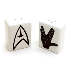 Stoneware salt and pepper shakers with fleet logo and hand sign