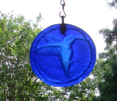 Kiln fired hummingbird embossing on cobalt blue glass