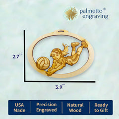 Engraved dynamic female volleyball silhouette on wood ornament