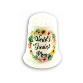 Handmade World's Greatest Mom thimble on china base with floral design