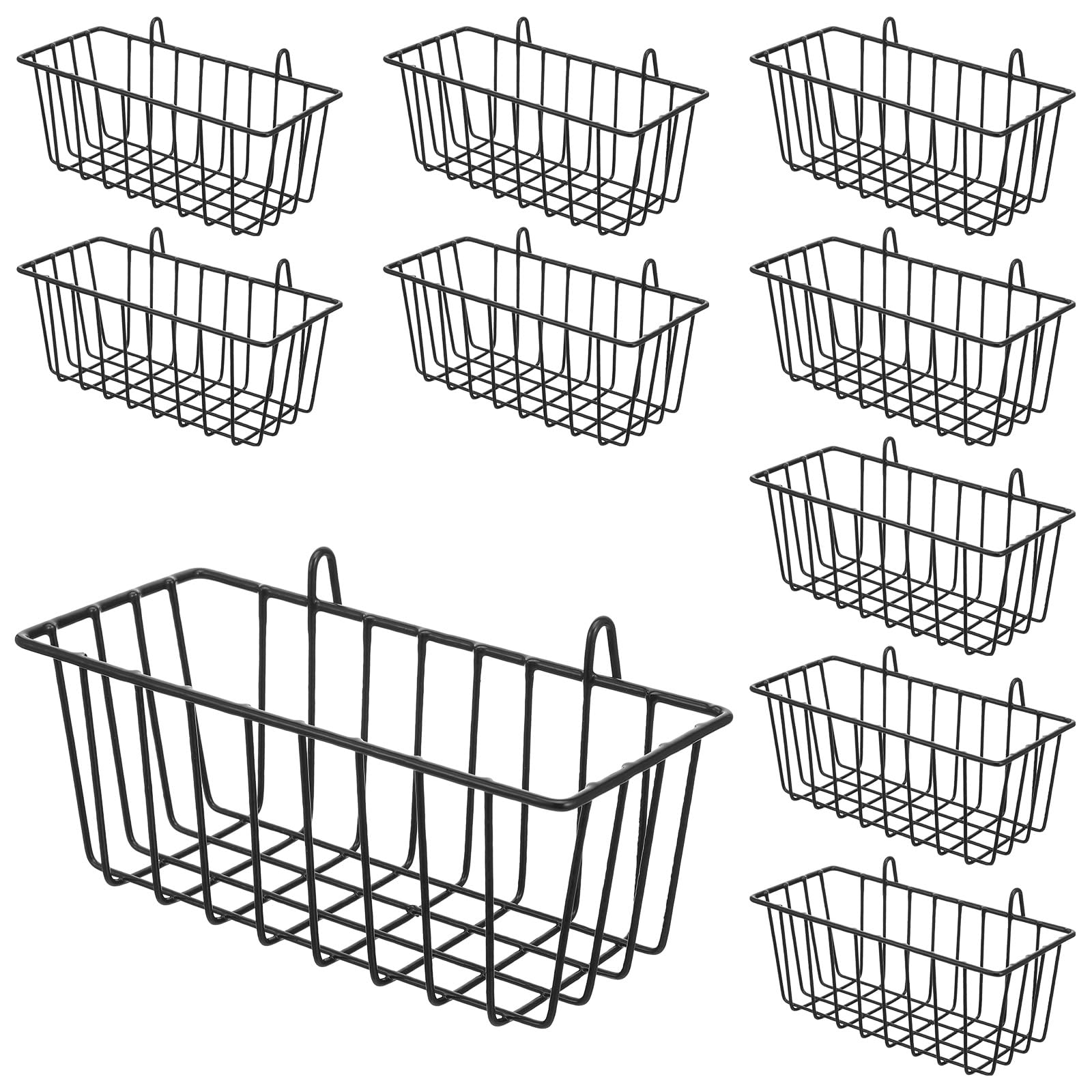 Black 10 pack hanging wire baskets on wall grid panel