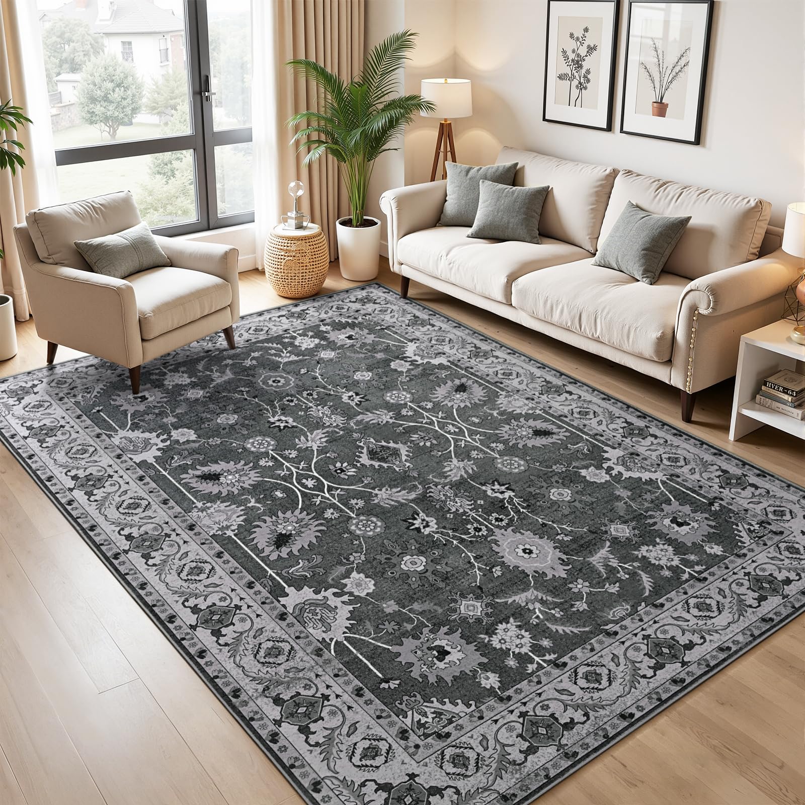 Hanples 5x7 area rug with vintage floral design in black