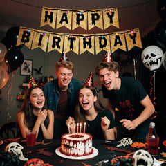 HAPPY BIRTHDAY banner with evil flower and cookie accents