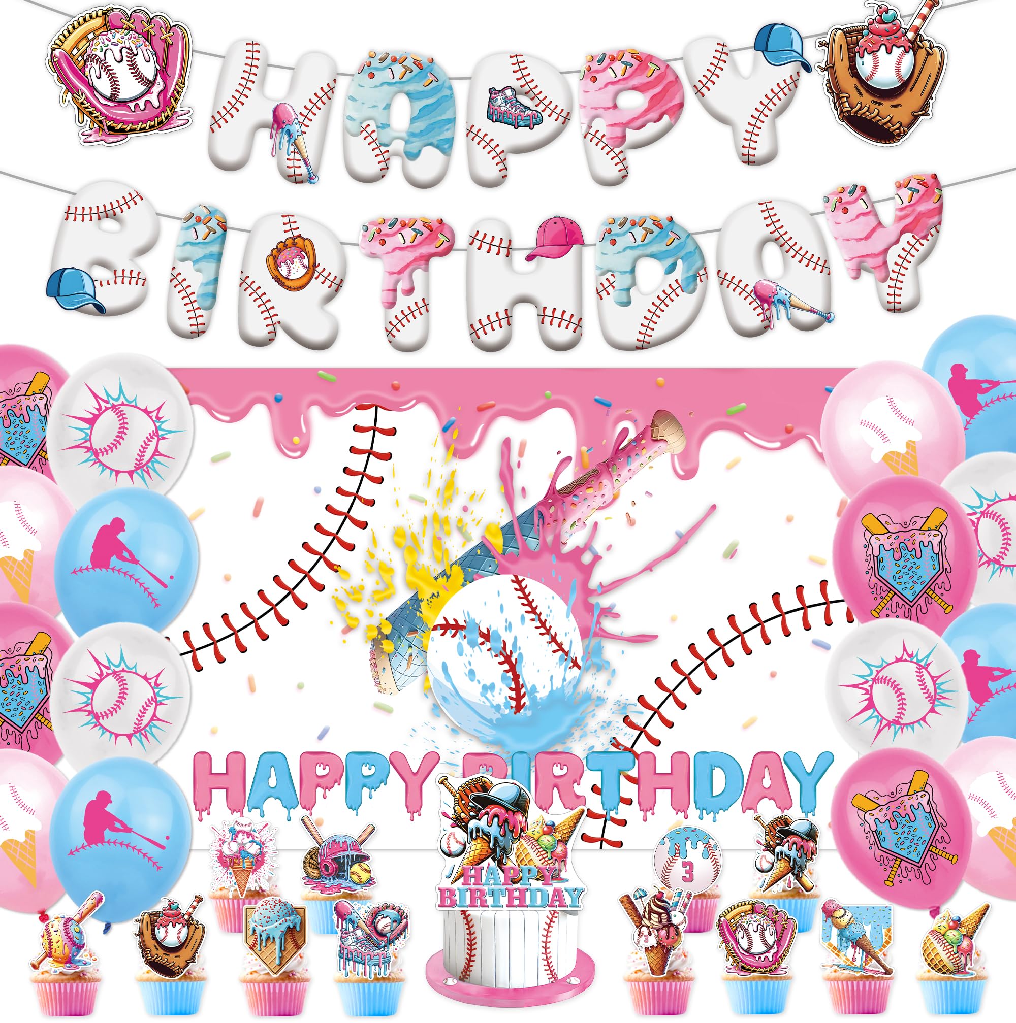 Happy Birthday banner with baseball and ice cream drips