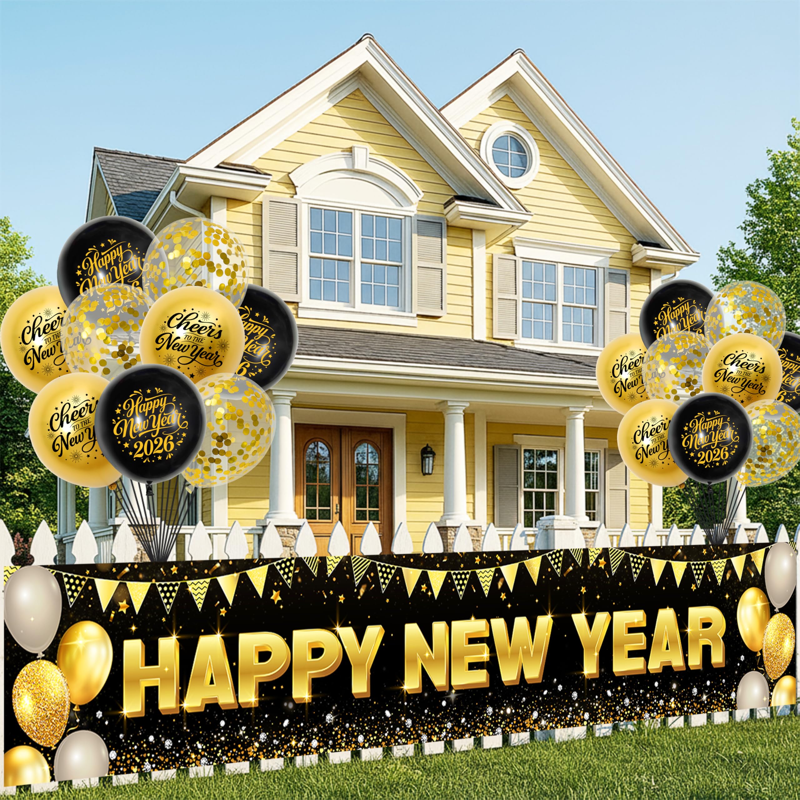 Happy New Year Banner 2026 yard sign displayed outdoors