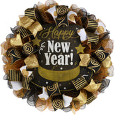 Happy New Year Front Door Wreath 24 inch diameter with black gold mesh